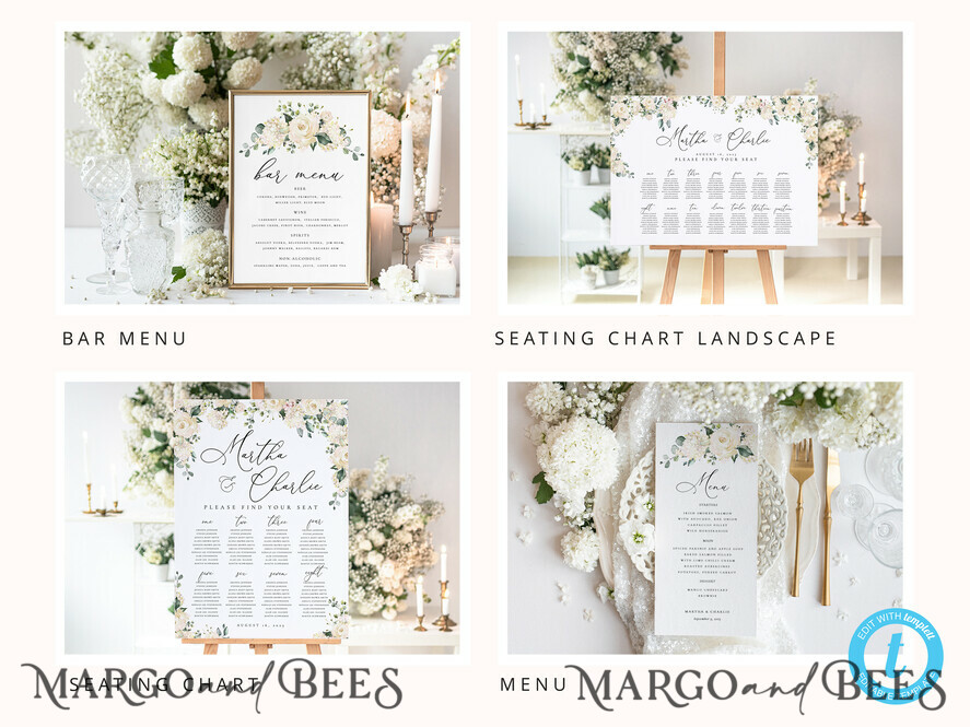 TEMPLETT wedding set Romantic White Roses Wedding Set Bundle Templates Invitation Personalised Elegant Template Kit Wedding Invitation Set Invitation Download