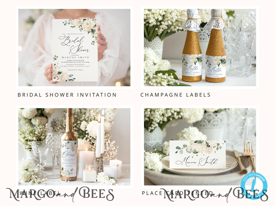 TEMPLETT wedding set Romantic White Roses Wedding Set Bundle Templates Invitation Personalised Elegant Template Kit Wedding Invitation Set Invitation Download