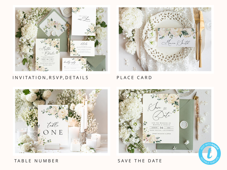 TEMPLETT wedding set Romantic White Roses Wedding Set Bundle Templates Invitation Personalised Elegant Template Kit Wedding Invitation Set Invitation Download