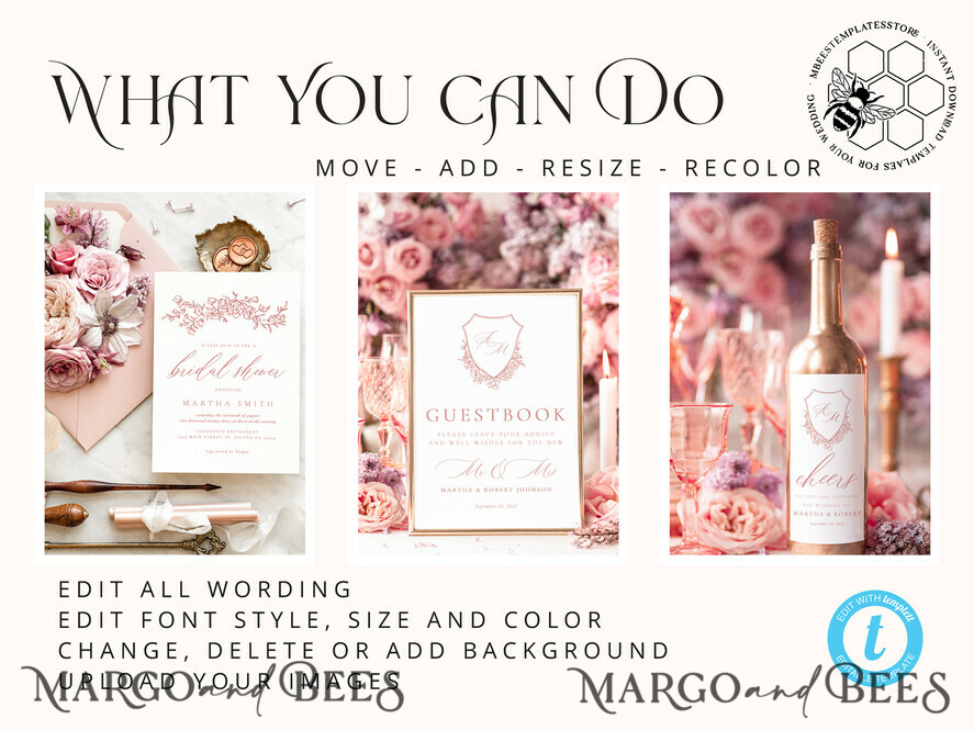 TEMPLETT wedding set Modern Romantic Roses Wedding Set Bundle Templates Elegant Invitation Personalised Template Kit Wedding Invitation Set Invitation Download