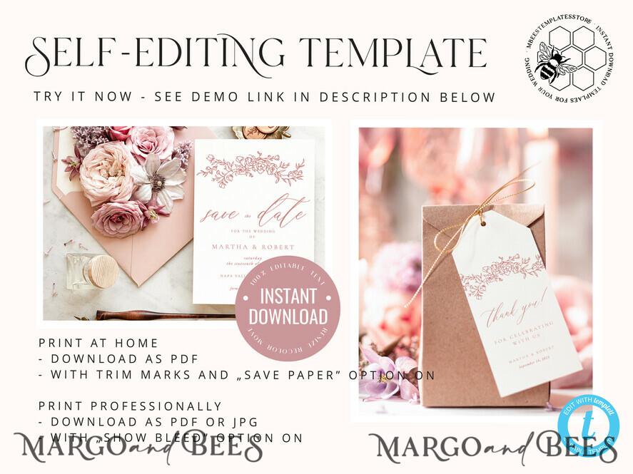 TEMPLETT wedding set Modern Romantic Roses Wedding Set Bundle Templates Elegant Invitation Personalised Template Kit Wedding Invitation Set Invitation Download