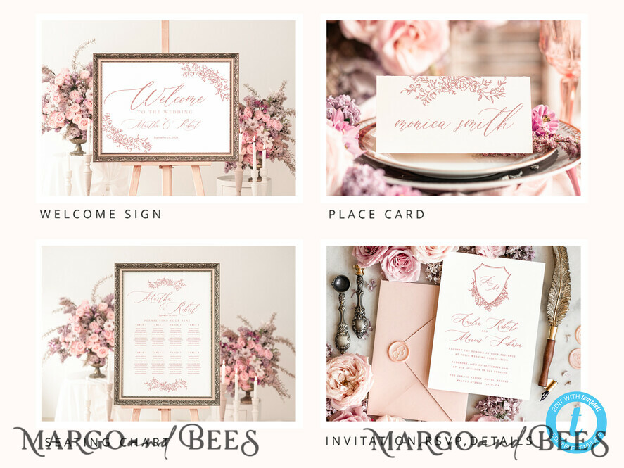 TEMPLETT wedding set Modern Romantic Roses Wedding Set Bundle Templates Elegant Invitation Personalised Template Kit Wedding Invitation Set Invitation Download