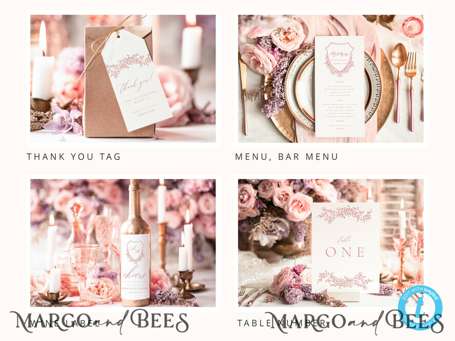 TEMPLETT wedding set Modern Romantic Roses Wedding Set Bundle Templates Elegant Invitation Personalised Template Kit Wedding Invitation Set Invitation Download
