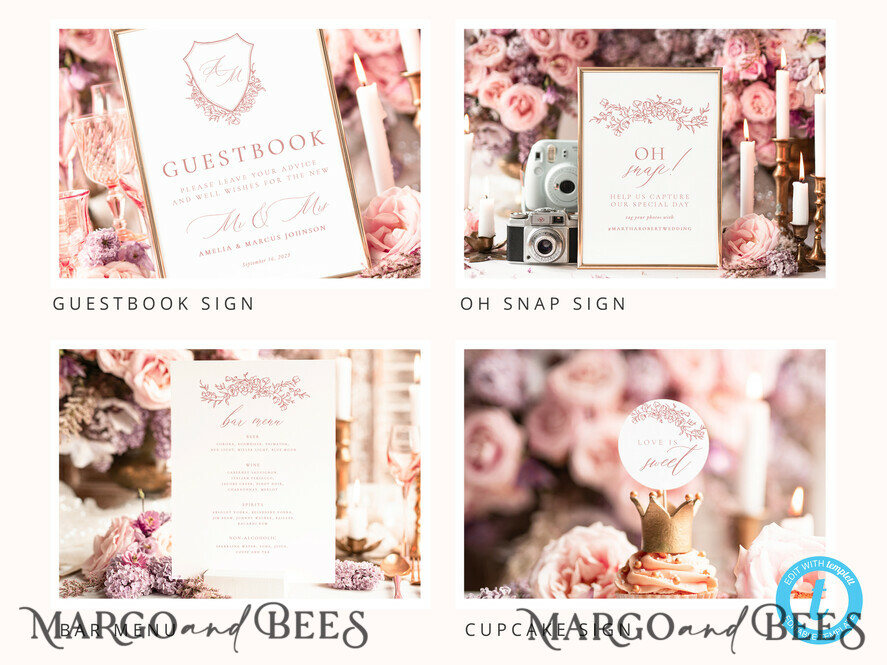 TEMPLETT wedding set Modern Romantic Roses Wedding Set Bundle Templates Elegant Invitation Personalised Template Kit Wedding Invitation Set Invitation Download