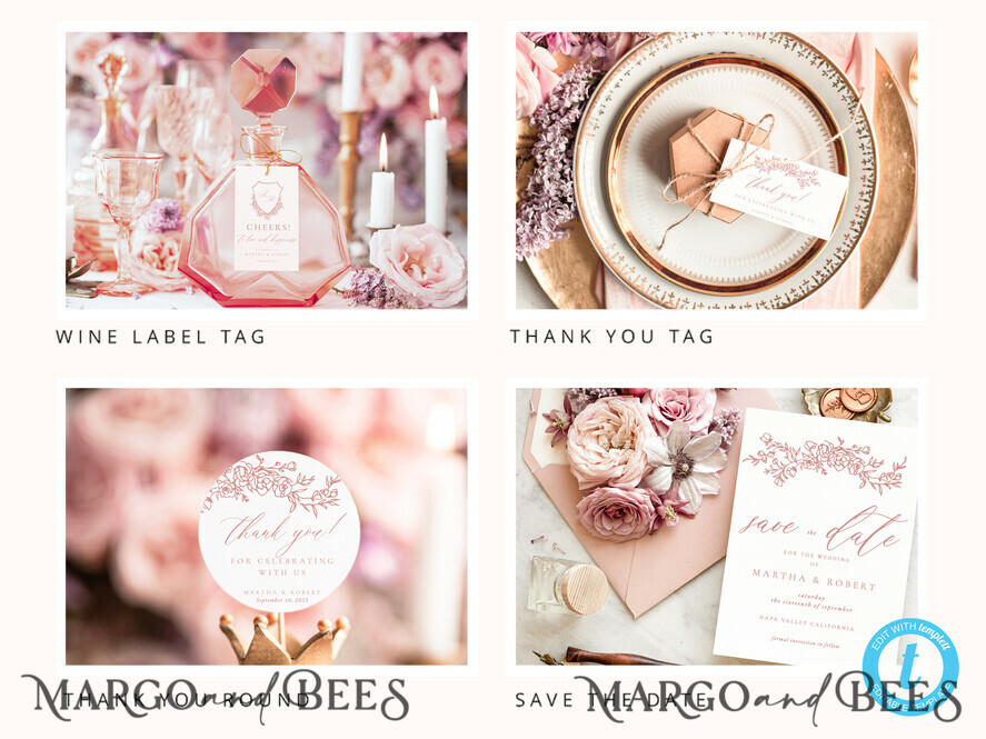 TEMPLETT wedding set Modern Romantic Roses Wedding Set Bundle Templates Elegant Invitation Personalised Template Kit Wedding Invitation Set Invitation Download