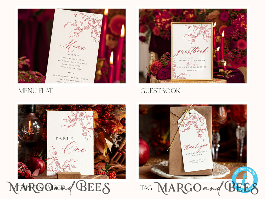 TEMPLETT wedding set Maroon Fall Boho Rustic Wedding Invitation template dowload Set, wedding Bundle Templates, Diy Home printing wedding Kit