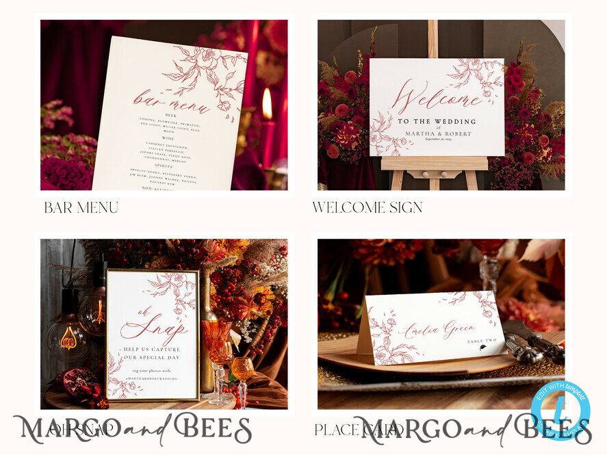 TEMPLETT wedding set Maroon Fall Boho Rustic Wedding Invitation template dowload Set, wedding Bundle Templates, Diy Home printing wedding Kit