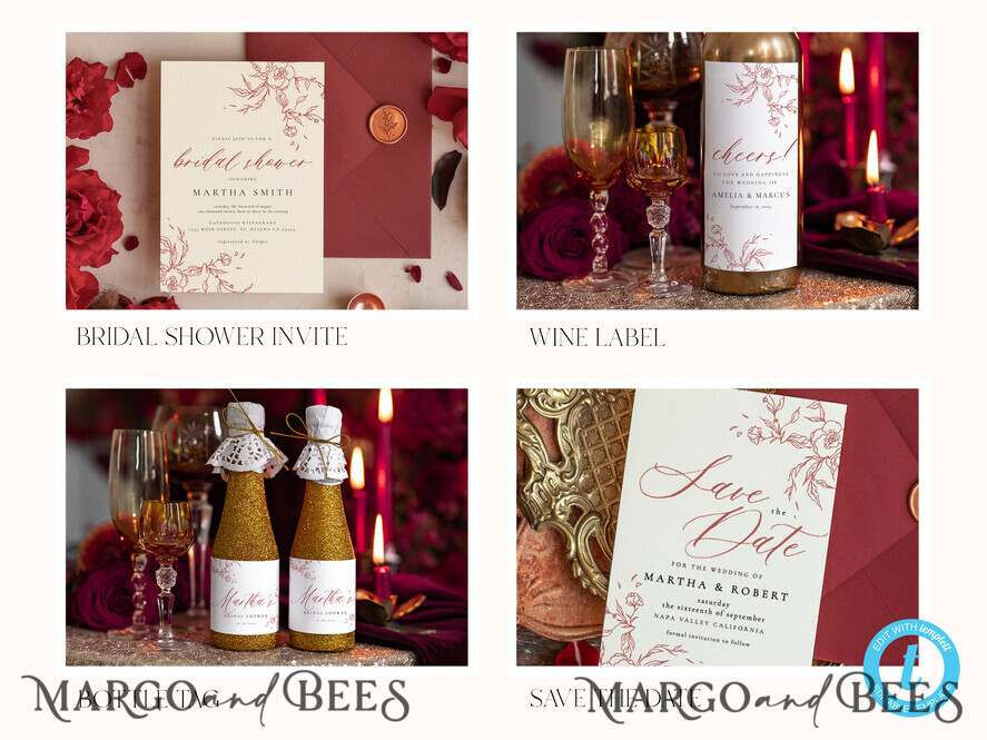 TEMPLETT wedding set Maroon Fall Boho Rustic Wedding Invitation template dowload Set, wedding Bundle Templates, Diy Home printing wedding Kit
