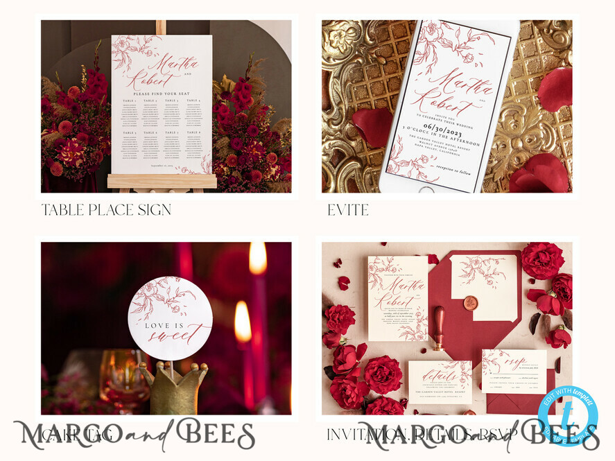 TEMPLETT wedding set Maroon Fall Boho Rustic Wedding Invitation template dowload Set, wedding Bundle Templates, Diy Home printing wedding Kit