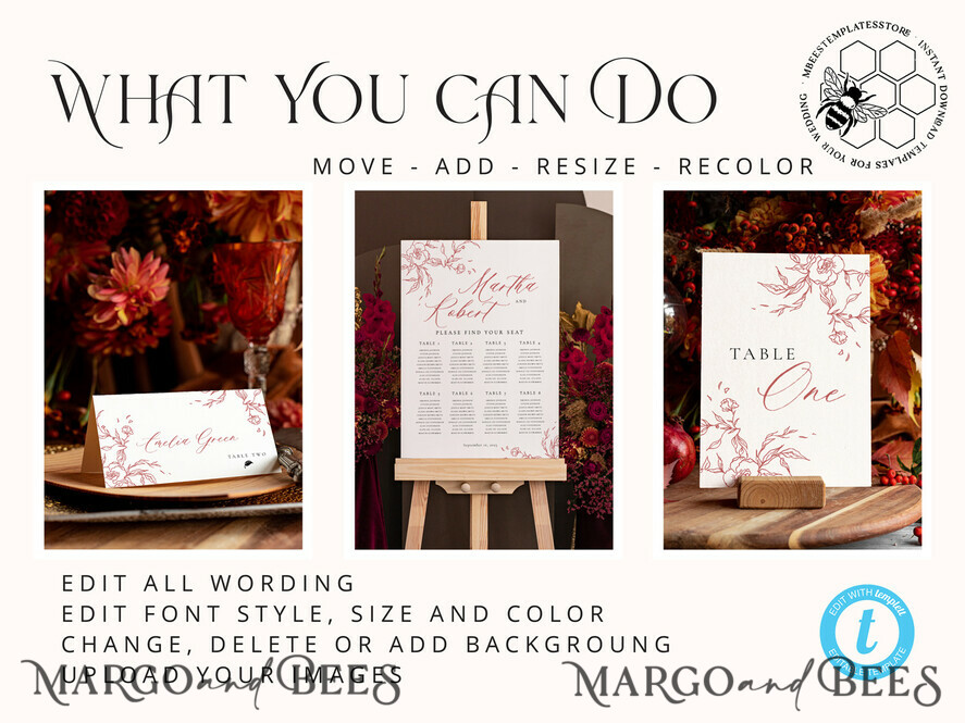 TEMPLETT wedding set Maroon Fall Boho Rustic Wedding Invitation template dowload Set, wedding Bundle Templates, Diy Home printing wedding Kit