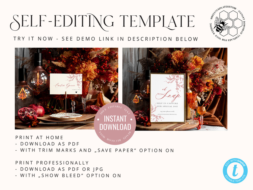 TEMPLETT wedding set Maroon Fall Boho Rustic Wedding Invitation template dowload Set, wedding Bundle Templates, Diy Home printing wedding Kit