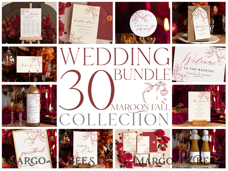 TEMPLETT wedding set Maroon Fall Boho Rustic Wedding Invitation template dowload Set, wedding Bundle Templates, Diy Home printing wedding Kit