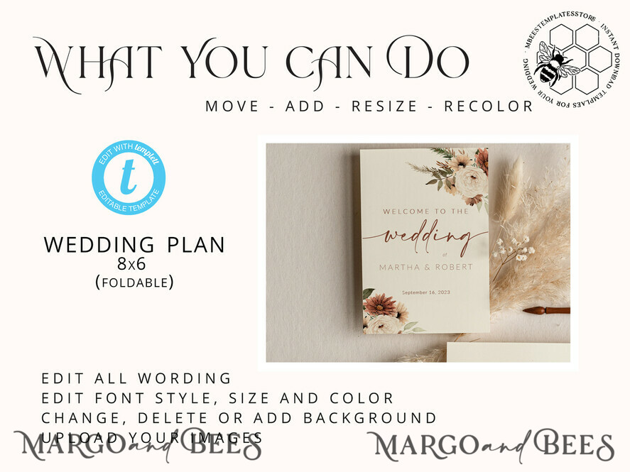 TEMPLETT wedding stationery Rustic Wedding Program template, Minimalist Order of Service, Printable Ceremony, DIY Program Card, Instant Download, Editable Text, WBoho10