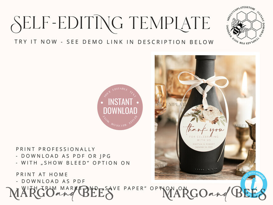 TEMPLETT wedding stationery Boho Favor Tag Template, Rustic Favor Tag Template, Editable Thank You Tag, Printable Wedding Gift Tags, Party Tags, Wboho10