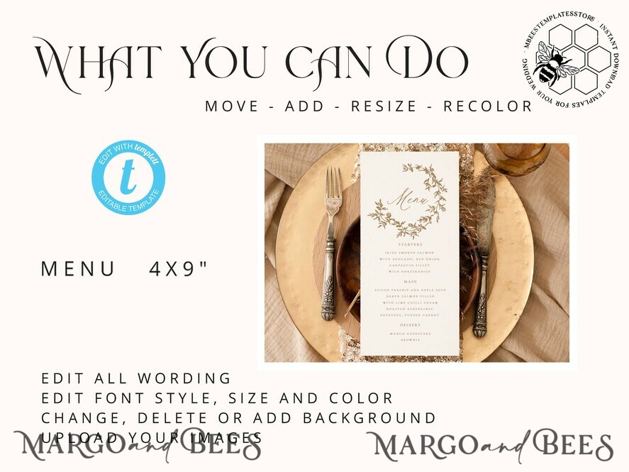 TEMPLETT wedding stationery Rustic Boho wedding menu template, dinner menu editable, Instant download Boho wedding menu Garden wedding menu Printable