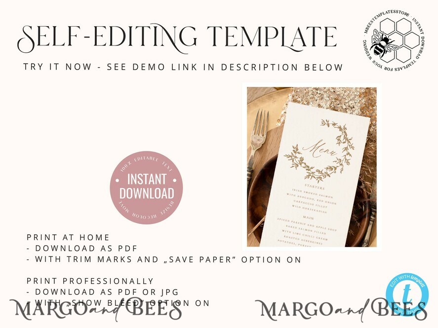 TEMPLETT wedding stationery Rustic Boho wedding menu template, dinner menu editable, Instant download Boho wedding menu Garden wedding menu Printable