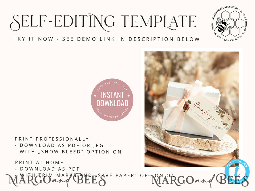TEMPLETT wedding stationery Boho Favor Tag Template, Rustic Favor Tag Template, Editable Thank You Tag, Printable Wedding Gift Tags, Party Tags, Wboho10