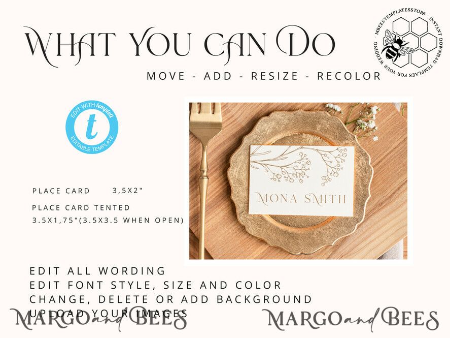 TEMPLETT wedding stationery Rustic escort card template, TENTED Place Cards editable, Instant download Boho place cards, Garden escort cards Printable, WGyp2