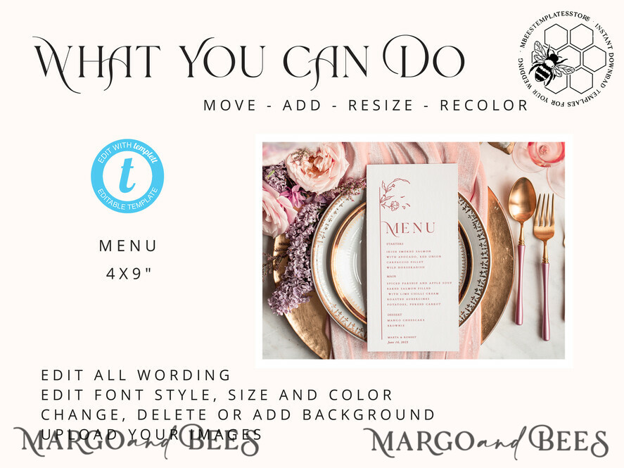 TEMPLETT wedding stationery Modern wedding menu template, dinner menus editable, Instant download wedding menus, Garden wedding menu Printable, WMin1