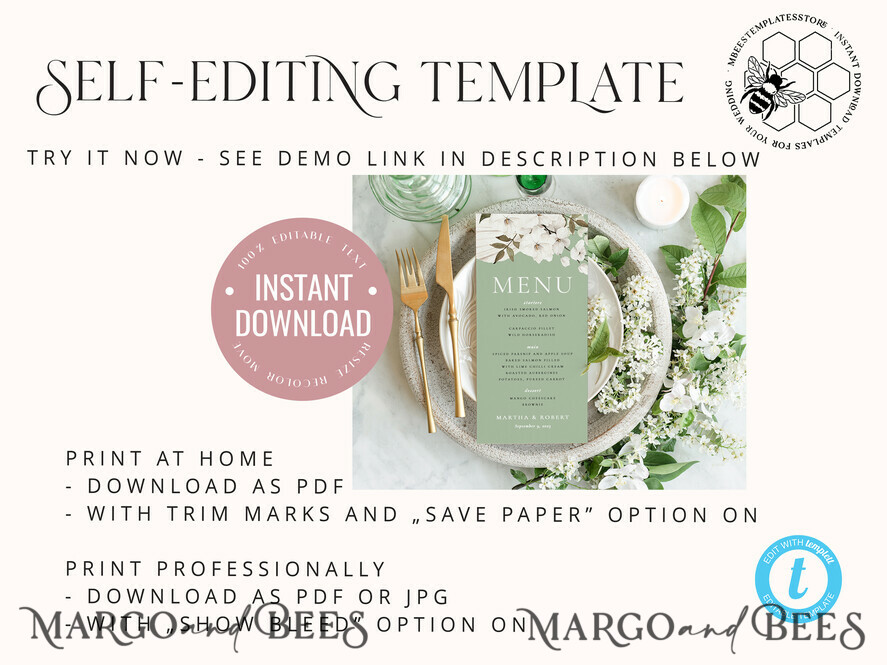 TEMPLETT wedding stationery Modern wedding menu template, dinner menus editable, Instant download SageGreen wedding menus, Garden wedding menu Printable, WSpr3