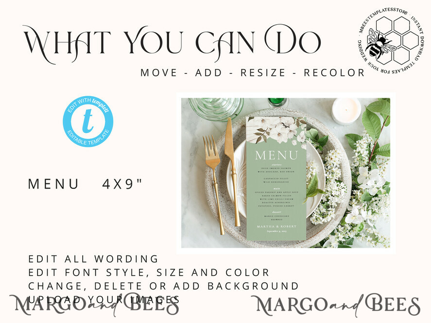 TEMPLETT wedding stationery Modern wedding menu template, dinner menus editable, Instant download SageGreen wedding menus, Garden wedding menu Printable, WSpr3