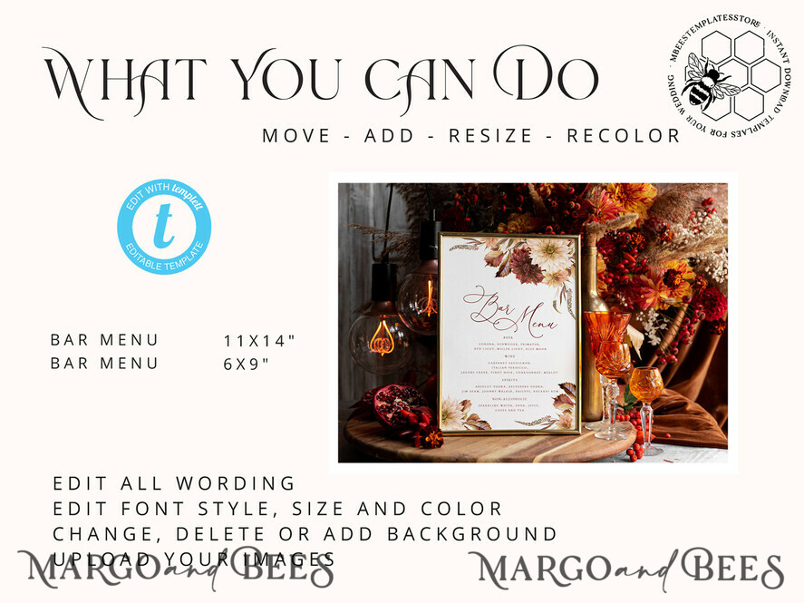 TEMPLETT wedding stationery Fall Dhalias drink bar menu template, Drinks Signs editable, Instant download Modern Table Signs Garden Wedding Menu Sign Printable, Fal1