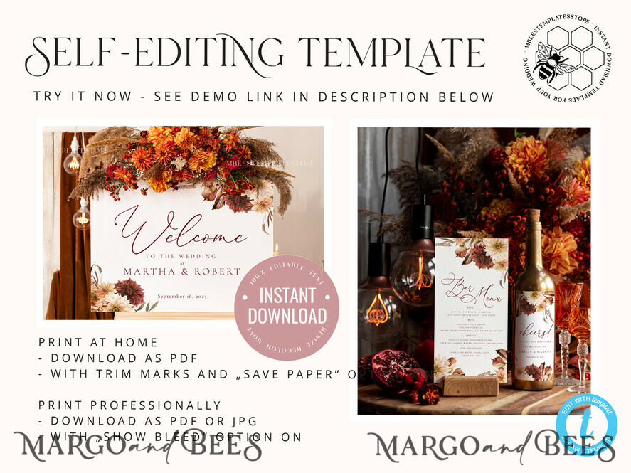 TEMPLETT wedding stationery Fall Dhalias drink bar menu template, Drinks Signs editable, Instant download Modern Table Signs Garden Wedding Menu Sign Printable, Fal1