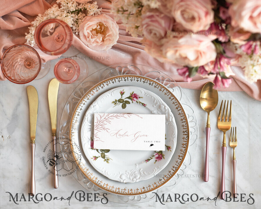 TEMPLETT wedding stationery Boho Blush Pink Place Card template editable, Instant download, place cards with meal icon, Garden escort cards Printable