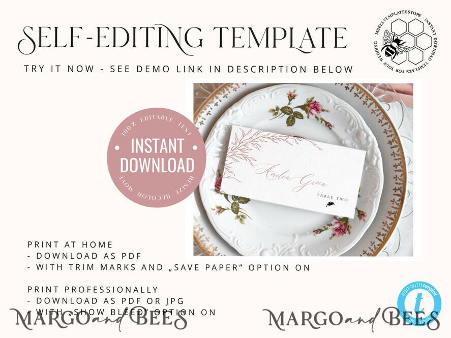 TEMPLETT wedding stationery Boho Blush Pink Place Card template editable, Instant download, place cards with meal icon, Garden escort cards Printable