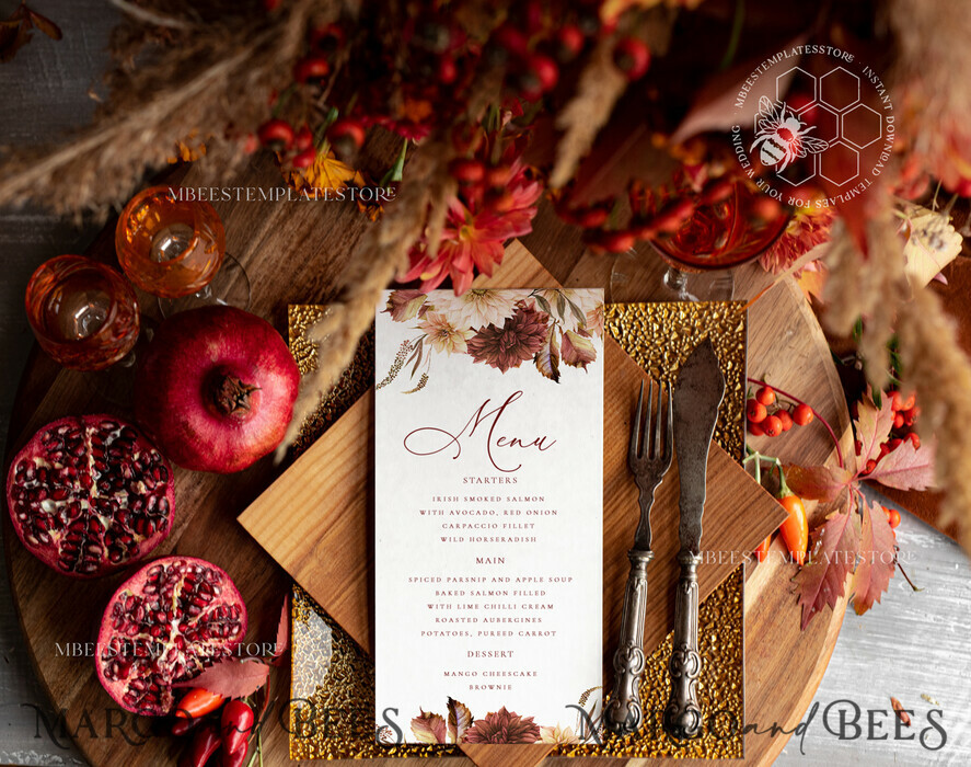 TEMPLETT wedding stationery Fall Terracotta wedding menu template, dinner menus editable, Instant download Modern wedding menus, Garden wedding menu Printable, Fal1