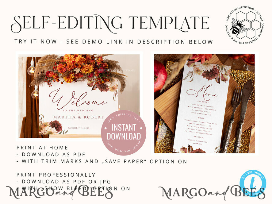 TEMPLETT wedding stationery Fall Terracotta wedding menu template, dinner menus editable, Instant download Modern wedding menus, Garden wedding menu Printable, Fal1