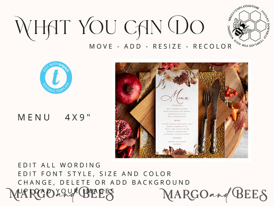 TEMPLETT wedding stationery Fall Terracotta wedding menu template, dinner menus editable, Instant download Modern wedding menus, Garden wedding menu Printable, Fal1
