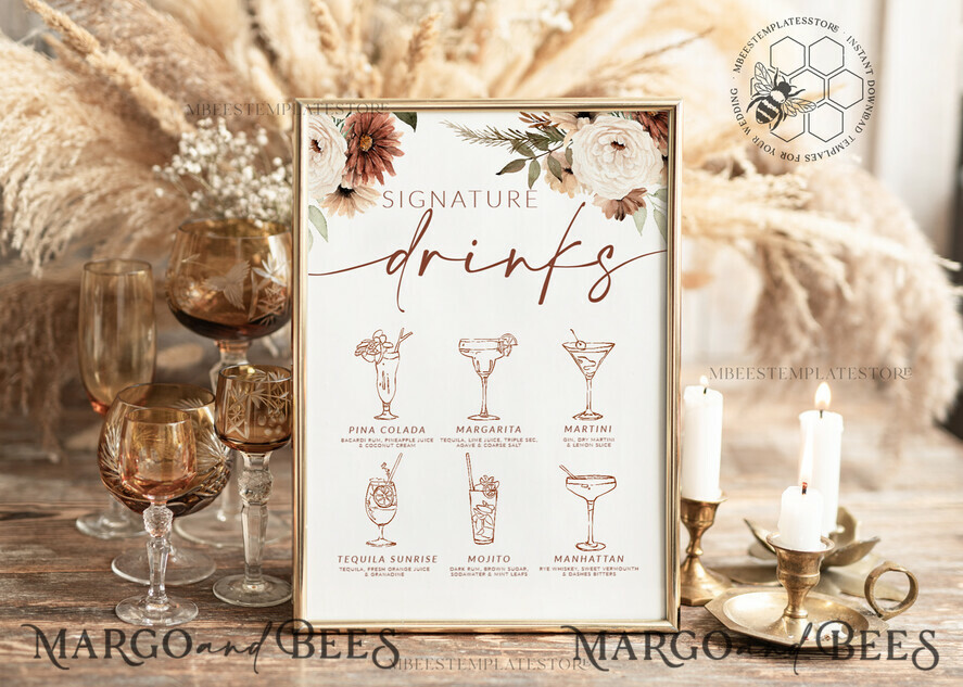 TEMPLETT wedding stationery Boho Signature drinks template, Drinks Signs editable, Instant download Modern Table Signs Garden Wedding Menu Sign Printable, WBoho10