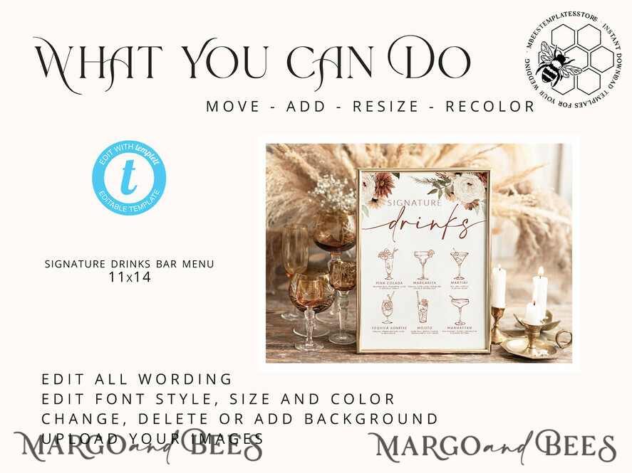 TEMPLETT wedding stationery Boho Signature drinks template, Drinks Signs editable, Instant download Modern Table Signs Garden Wedding Menu Sign Printable, WBoho10
