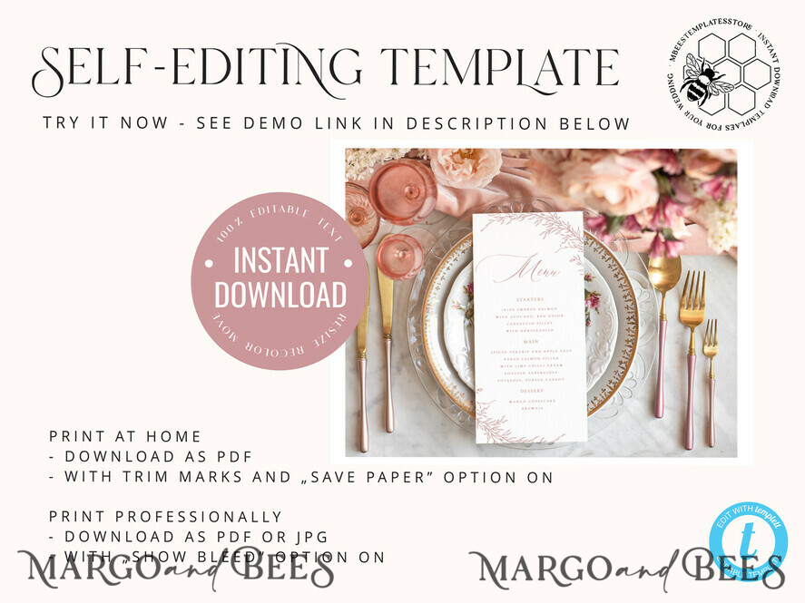 TEMPLETT wedding stationery Boho Blush Pink wedding menu template, dinner menus editable, Instant download wedding menus, Garden wedding menu Printable