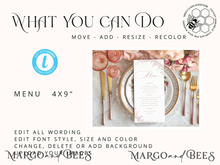 TEMPLETT wedding stationery Boho Blush Pink wedding menu template, dinner menus editable, Instant download wedding menus, Garden wedding menu Printable
