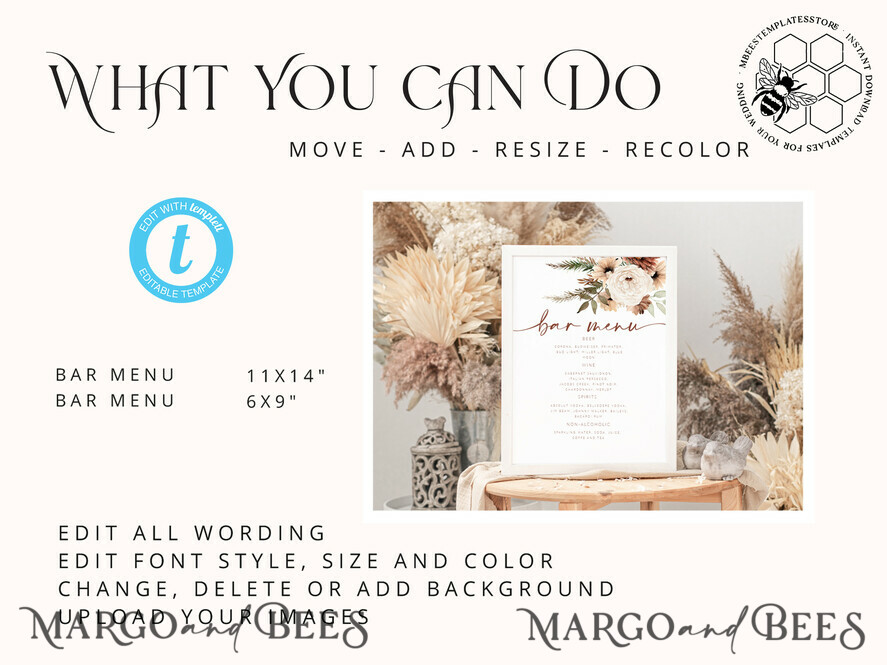 TEMPLETT wedding stationery Boho drink bar menu template, Drinks Signs editable, Instant download Modern Table Signs Garden Wedding Menu Sign Printable, WBoho10