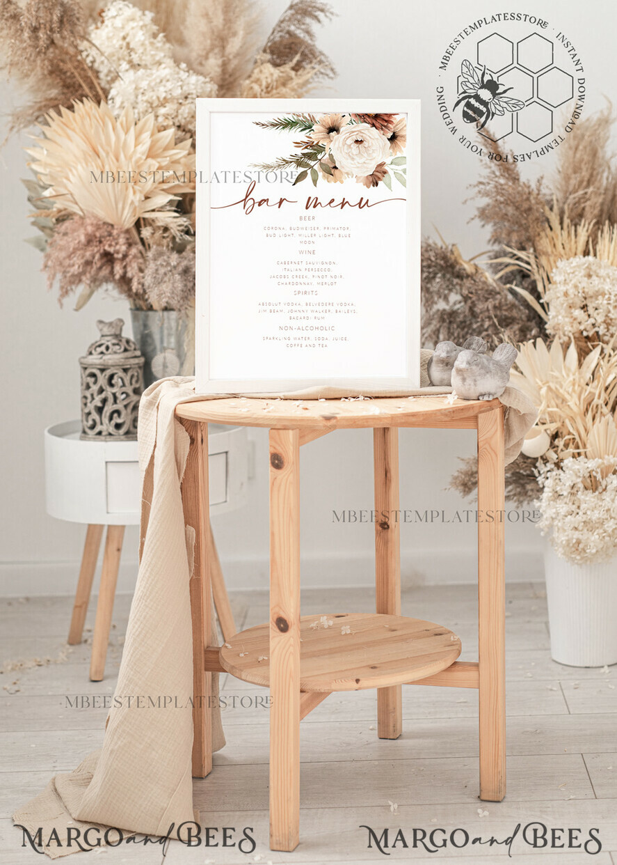 TEMPLETT wedding stationery Boho drink bar menu template, Drinks Signs editable, Instant download Modern Table Signs Garden Wedding Menu Sign Printable, WBoho10