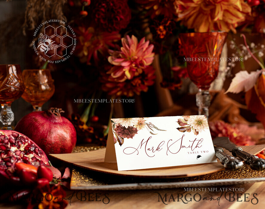 TEMPLETT wedding stationery Fall Rustic escort card template, Boho TENTED Place Cards editable, Instant download Modern place cards, Garden escort cards Printable, Fal1