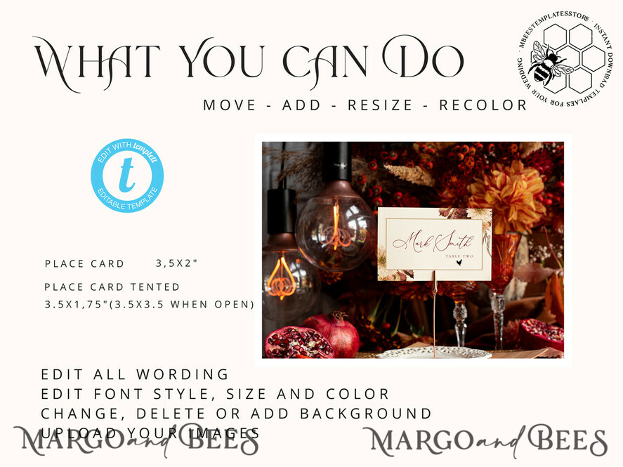 TEMPLETT wedding stationery Fall Rustic escort card template, Boho TENTED Place Cards editable, Instant download Modern place cards, Garden escort cards Printable, Fal1