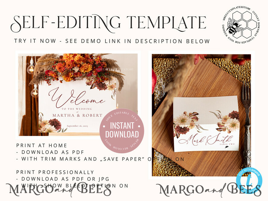 TEMPLETT wedding stationery Fall Rustic escort card template, Boho TENTED Place Cards editable, Instant download Modern place cards, Garden escort cards Printable, Fal1
