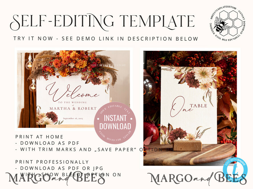 TEMPLETT wedding stationery Fall Maroon table number template Dhalias table numbers editable, Instant download Modern table numbers Garden table number Printable, Fal1