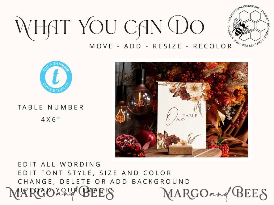 TEMPLETT wedding stationery Fall Maroon table number template Dhalias table numbers editable, Instant download Modern table numbers Garden table number Printable, Fal1