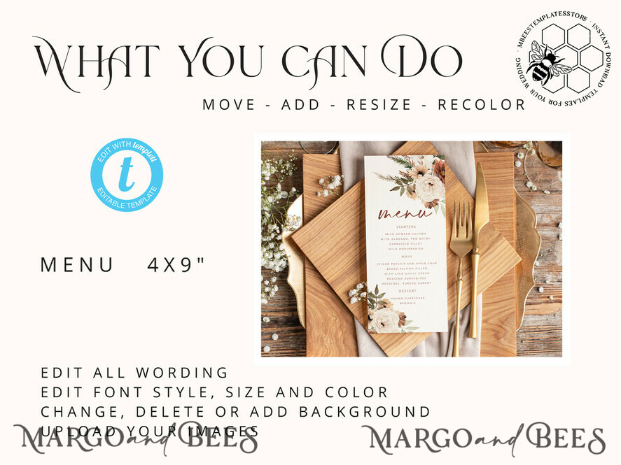 TEMPLETT wedding stationery Rustic wedding menu template, dinner menus editable, Instant download Boho wedding menus, Garden wedding menu Printable, boho10