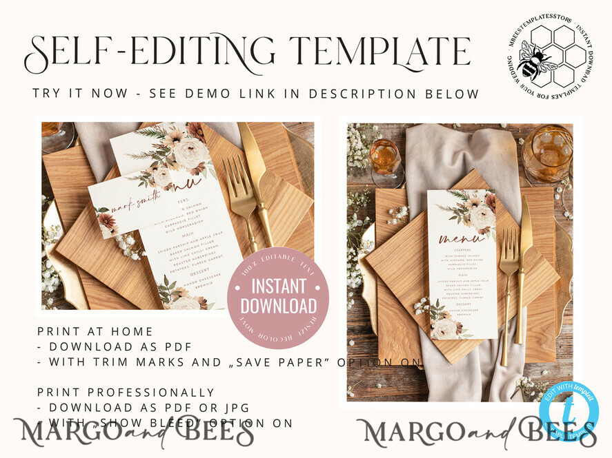 TEMPLETT wedding stationery Rustic wedding menu template, dinner menus editable, Instant download Boho wedding menus, Garden wedding menu Printable, boho10