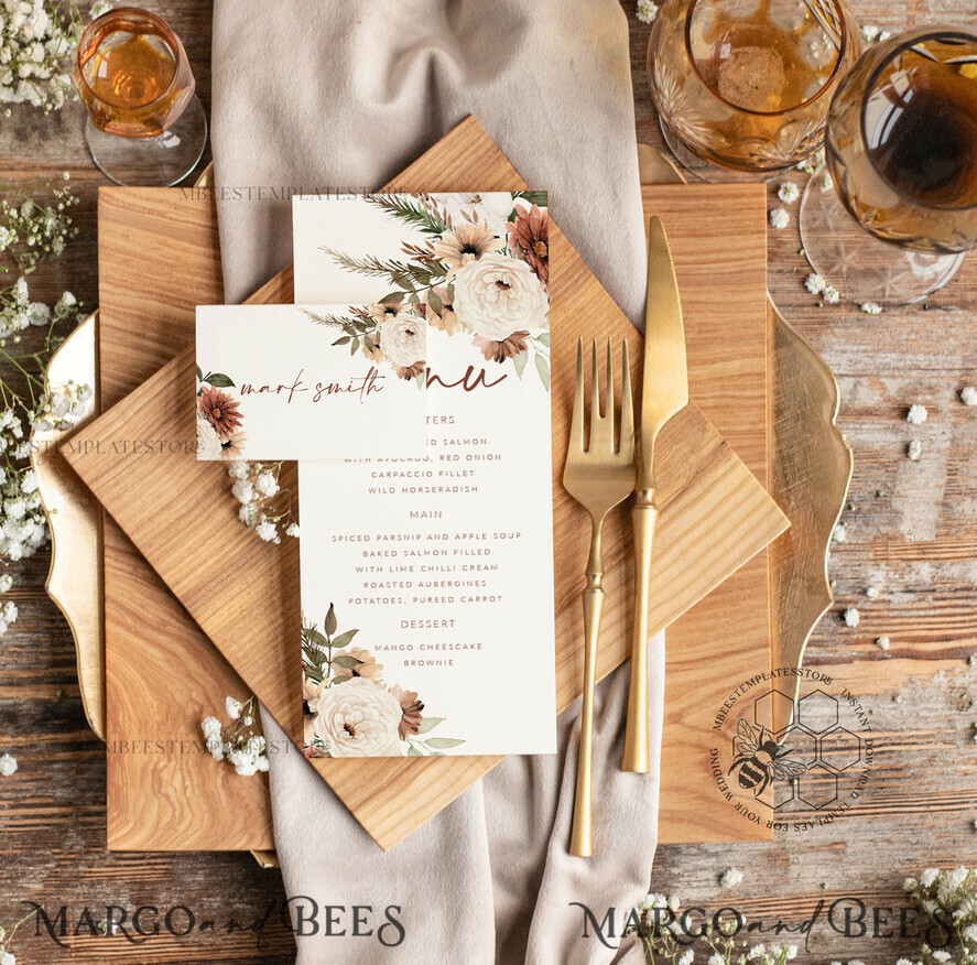 TEMPLETT wedding stationery Rustic wedding menu template, dinner menus editable, Instant download Boho wedding menus, Garden wedding menu Printable, boho10