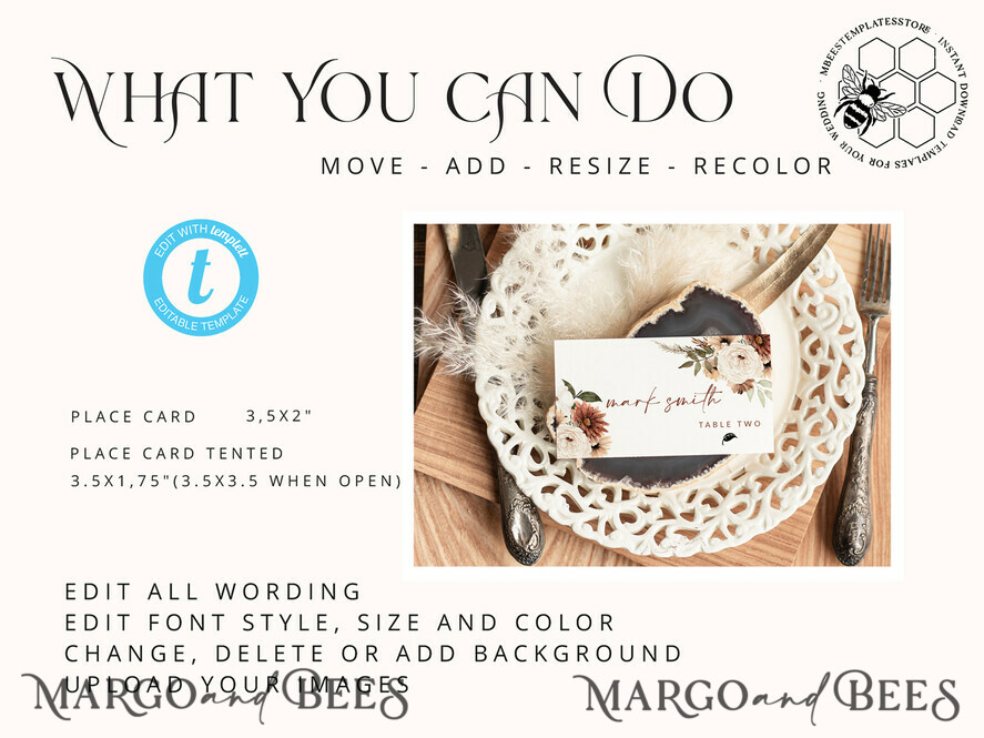 TEMPLETT wedding stationery Rustic escort card template, TENTED Place Cards editable, Instant download Modern place cards, Garden escort cards Printable, Wboho10