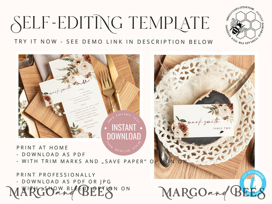 TEMPLETT wedding stationery Rustic escort card template, TENTED Place Cards editable, Instant download Modern place cards, Garden escort cards Printable, Wboho10