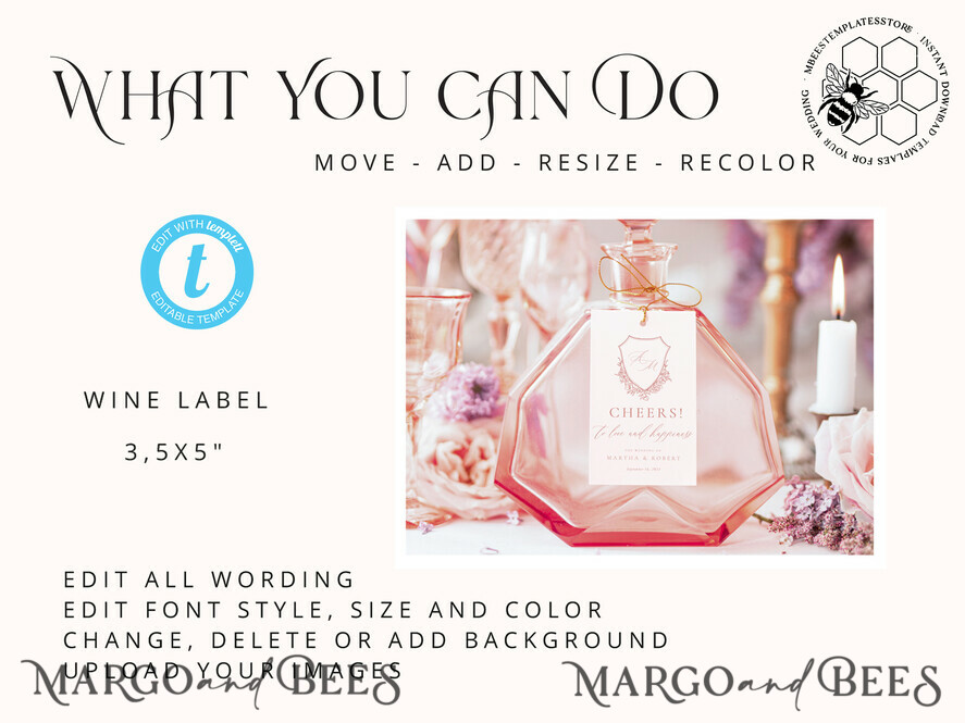 TEMPLETT wedding stationery Elegant wine label wedding template, wine label weddings editable, Instant download Modern wine label weddings, Garden wine label wedding Printable, WRoses8