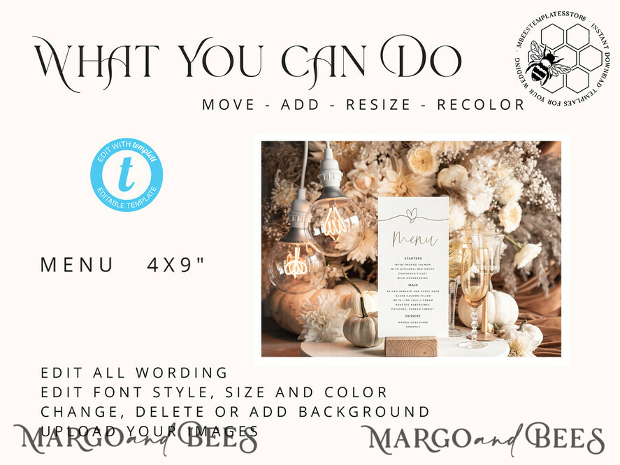 TEMPLETT wedding stationery Boho wedding menu template, dinner menus editable, Instant download Boho wedding menu, Garden wedding menu Printable